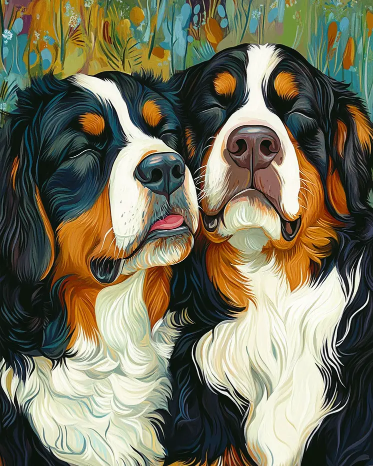 Bernese Mountain Dog Friends - Pet Dog Still Life Wall Art Prints – 8″x10″ Artwork for 11″x14″ Frame