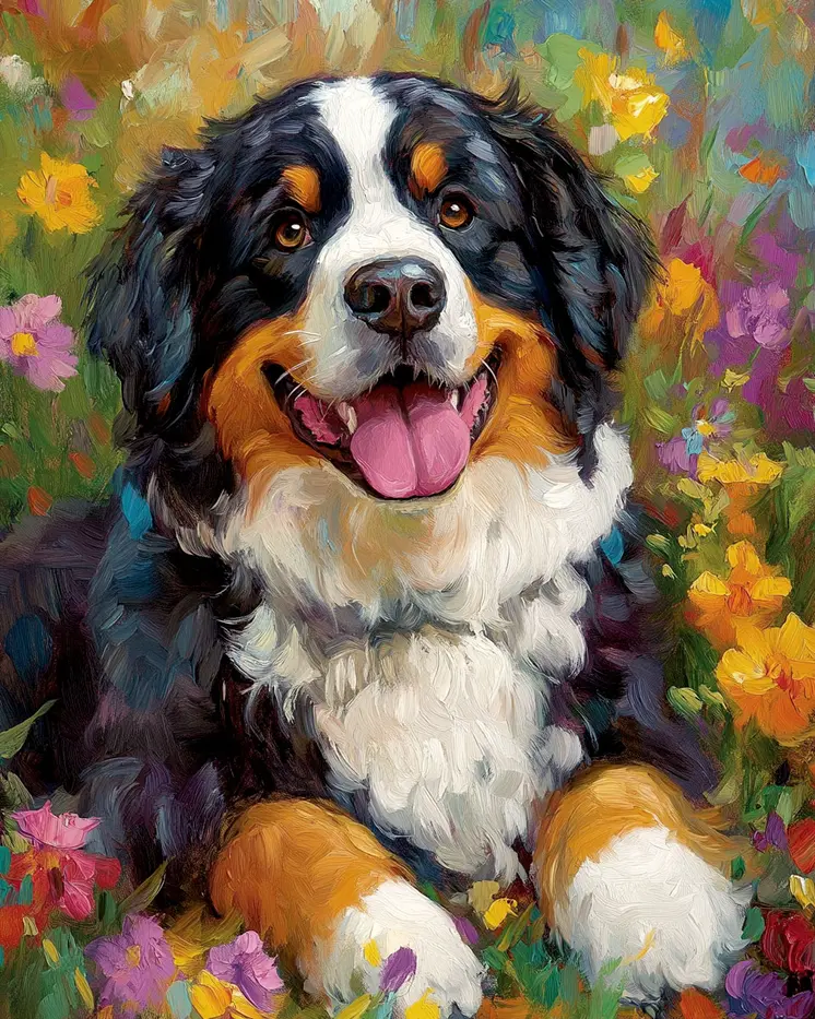 Floral Bernese Mountain Dog - Pet Dog Still Life Wall Art Prints – 8″x10″ Artwork for 11″x14″ Frame