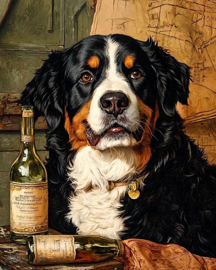 Bernese Mountain Dog in Tavern - Pet Dog Still Life Wall Art Prints – 8″x10″ Artwork for 11″x14″ Frame