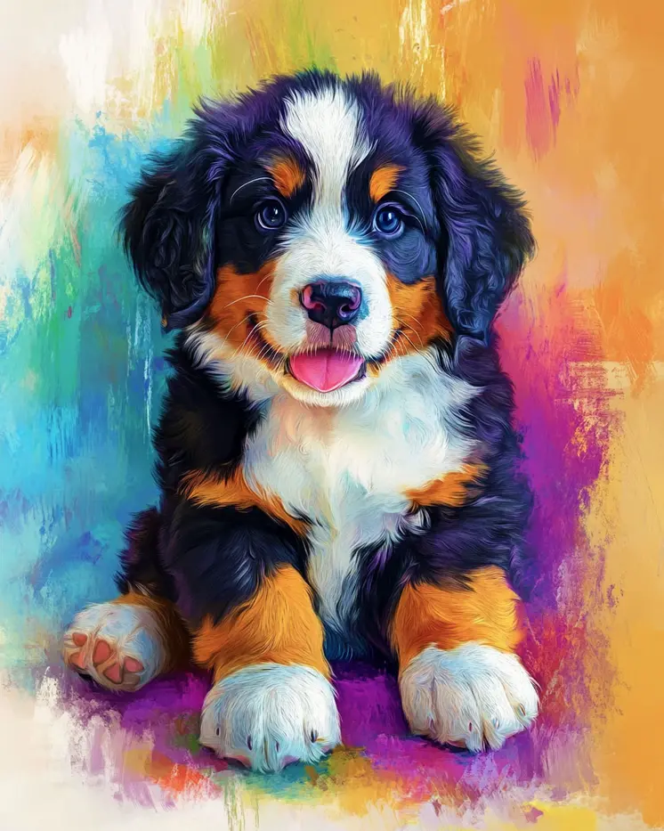 Watercolor Bernese Mountain Dog Puppy - Pet Dog Still Life Wall Art Prints – 8″x10″ Artwork for 11″x14″ Frame
