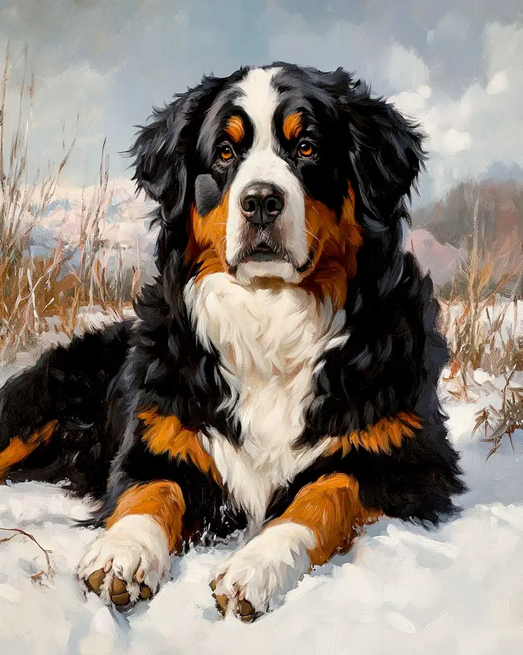 Bernese Mountain Dog in the Snow - Pet Dog Still Life Wall Art Prints – 8″x10″ Artwork for 11″x14″ Frame