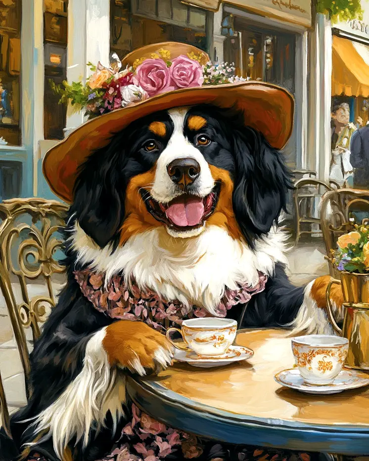 Bernese Mountain Dog Having Tea - Pet Dog Still Life Wall Art Prints – 8″x10″ Artwork for 11″x14″ Frame