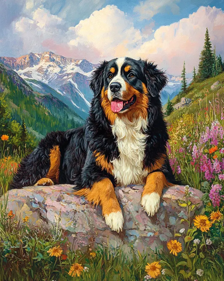 Bernese Mountain Dog Relaxing - Pet Dog Still Life Wall Art Prints – 8″x10″ Artwork for 11″x14″ Frame