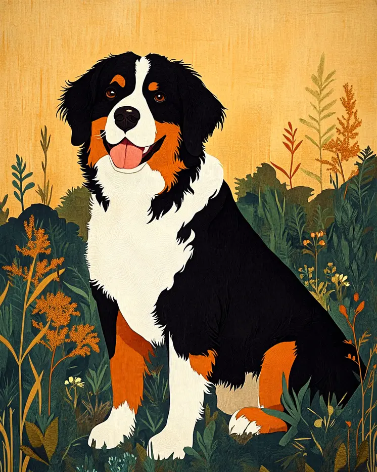 Mid-Century Modern Bernese Mountain Dog - Pet Dog Still Life Wall Art Prints – 8″x10″ Artwork for 11″x14″ Frame