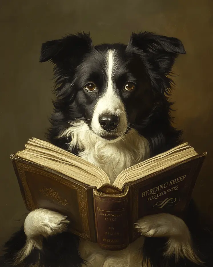 Border Collie Learning to Herd - Anthropomorphic Animals Wall Art Prints – 8″x10″ Artwork for 11″x14″ Frame