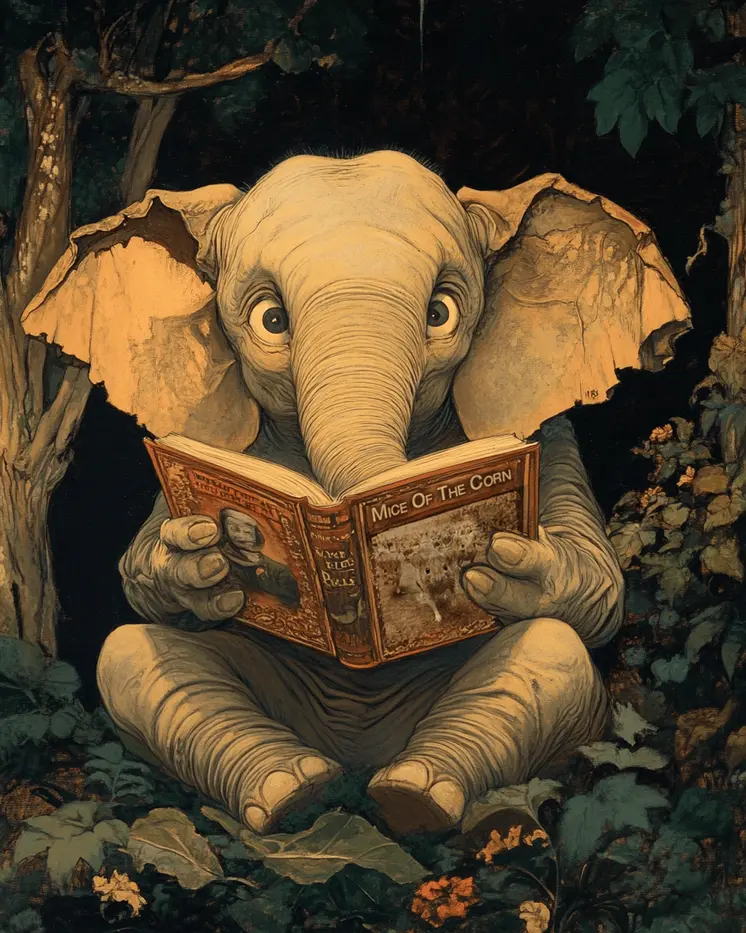 Elephant Reading a Scary Book - Anthropomorphic Animals Wall Art Prints – 8″x10″ Artwork for 11″x14″ Frame