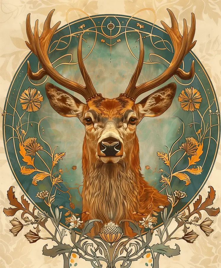 Buck Deer 1 Art Nouveau art- Animal Kingdom Wall Art Prints in Art Nouveau Style – 8″x10″ Artwork for 11″x14″ Frame