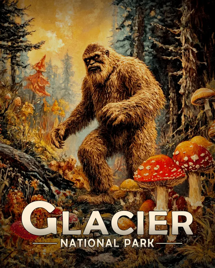 Bigfoot Mushroom Hunting - Glacier Souvenir Art Prints - 8"x10" Artwork for 11"x14" Frame
