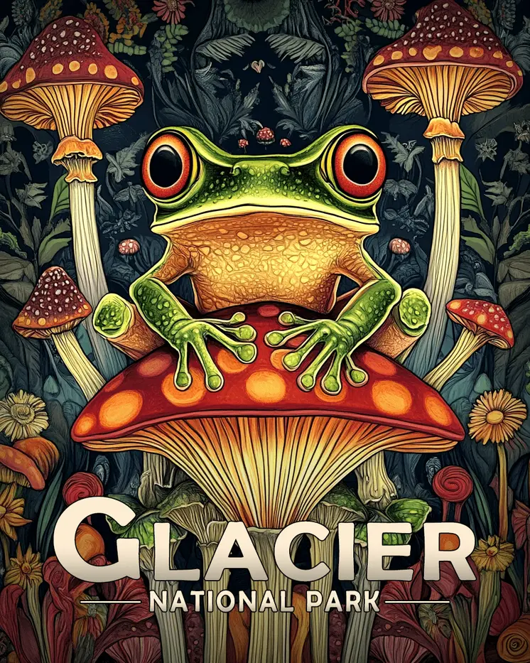 Frog on Mushroom - Glacier Souvenir Art Prints - 8"x10" Artwork for 11"x14" Frame
