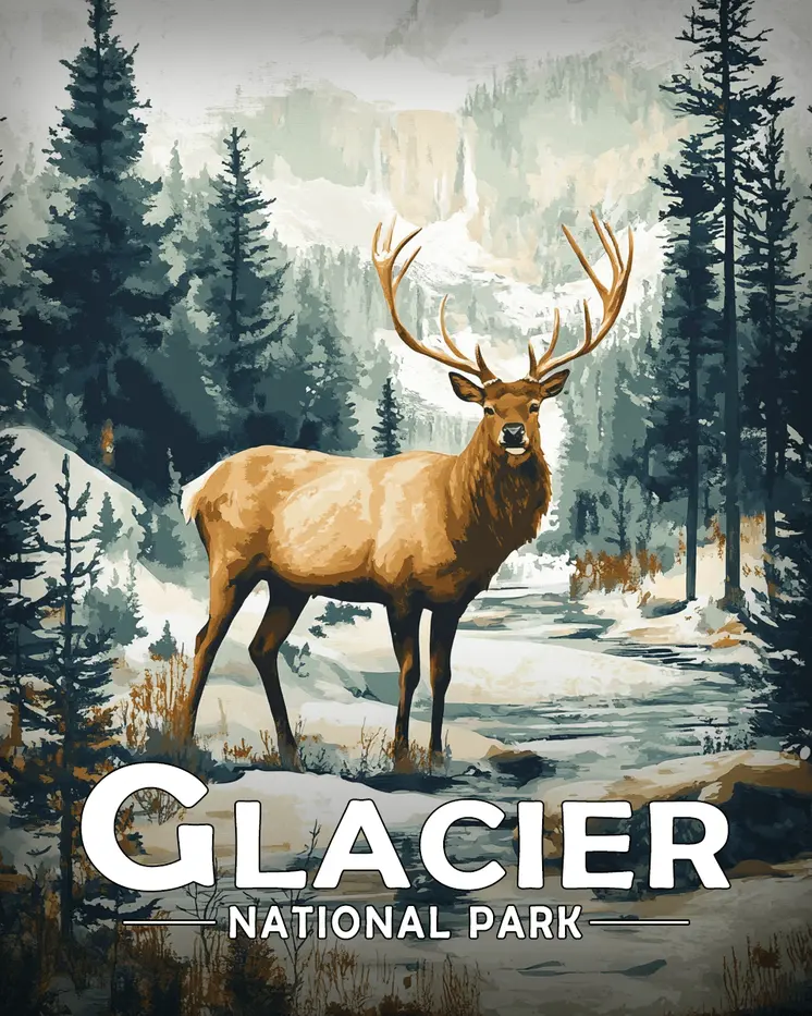 Elk by Creek - Glacier Souvenir Art Prints - 8"x10" Artwork for 11"x14" Frame