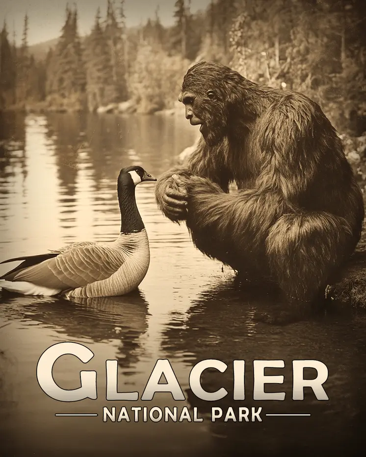 Bigfoot Talking to a Canadian Goose - Glacier Souvenir Art Prints - 8"x10" Artwork for 11"x14" Frame