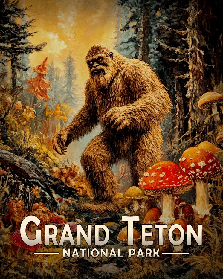 Bigfoot Mushroom Hunting - Grand Tetons Souvenir Art Prints - 8"x10" Artwork for 11"x14" Frame