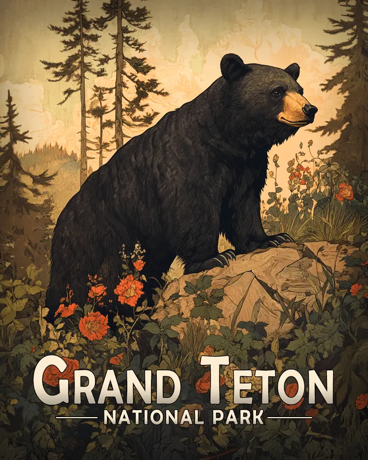 Antique Style Black Bear - Grand Tetons Souvenir Art Prints - 8"x10" Artwork for 11"x14" Frame