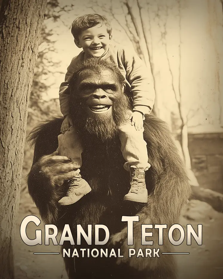Bigfoot Piggyback - Grand Tetons Souvenir Art Prints - 8"x10" Artwork for 11"x14" Frame