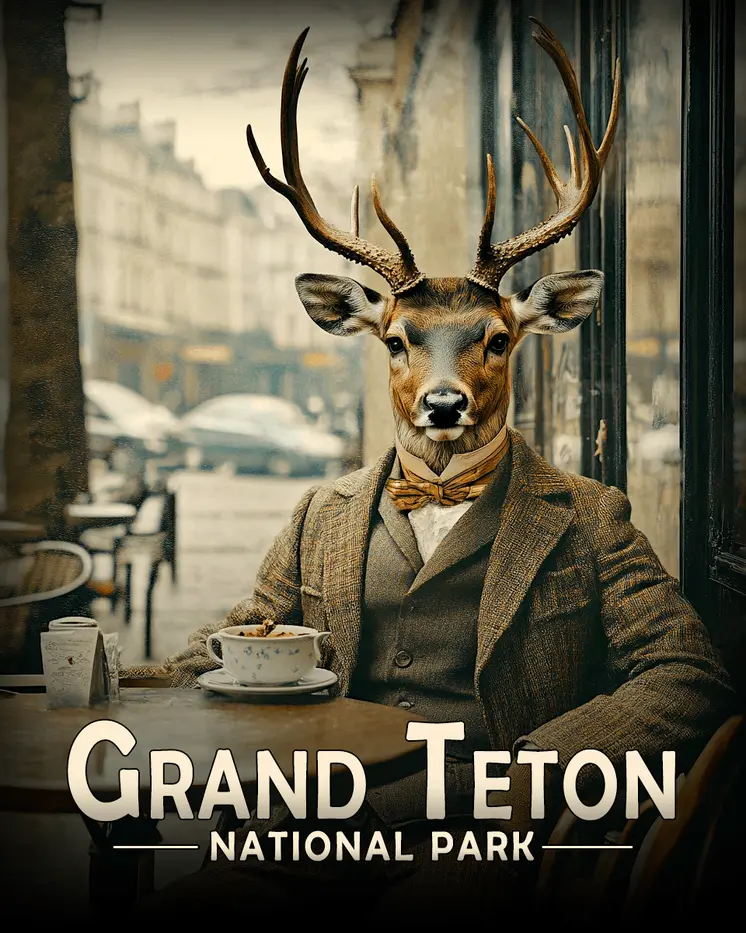 Buck Deer in Cafe - Grand Tetons Souvenir Art Prints - 8"x10" Artwork for 11"x14" Frame