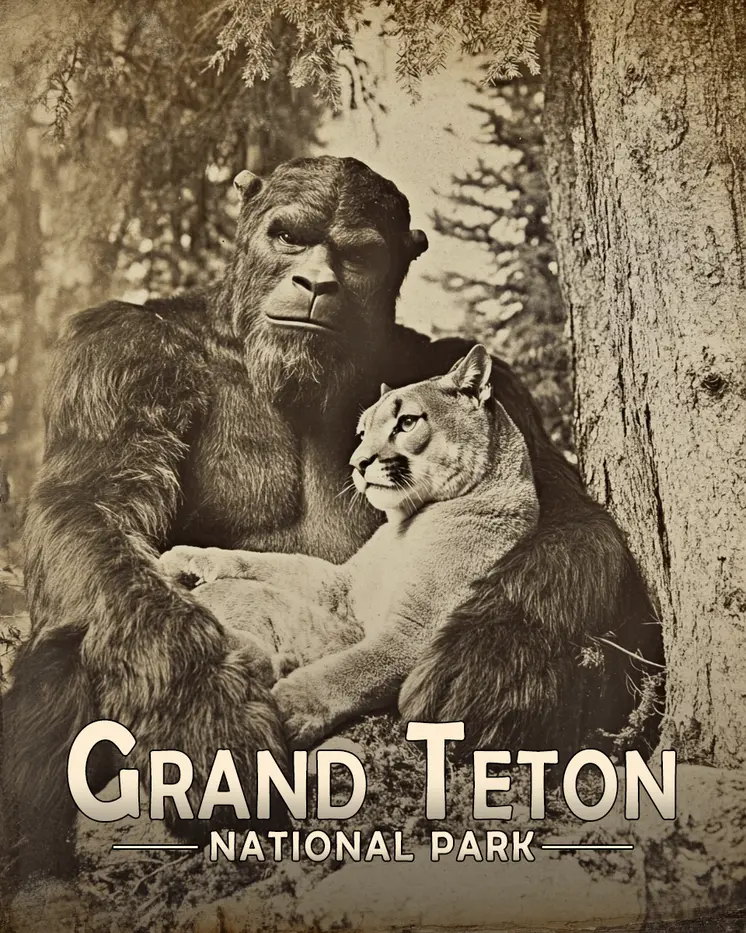 Bigfoot's Mountain Lion Pet - Grand Tetons Souvenir Art Prints - 8"x10" Artwork for 11"x14" Frame