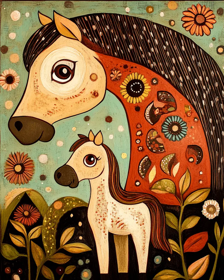 Stylized Mother and Baby Horse - Animal Mothers & Babies Wall Art Prints – 8″x10″ Artwork for 11″x14″ Frame