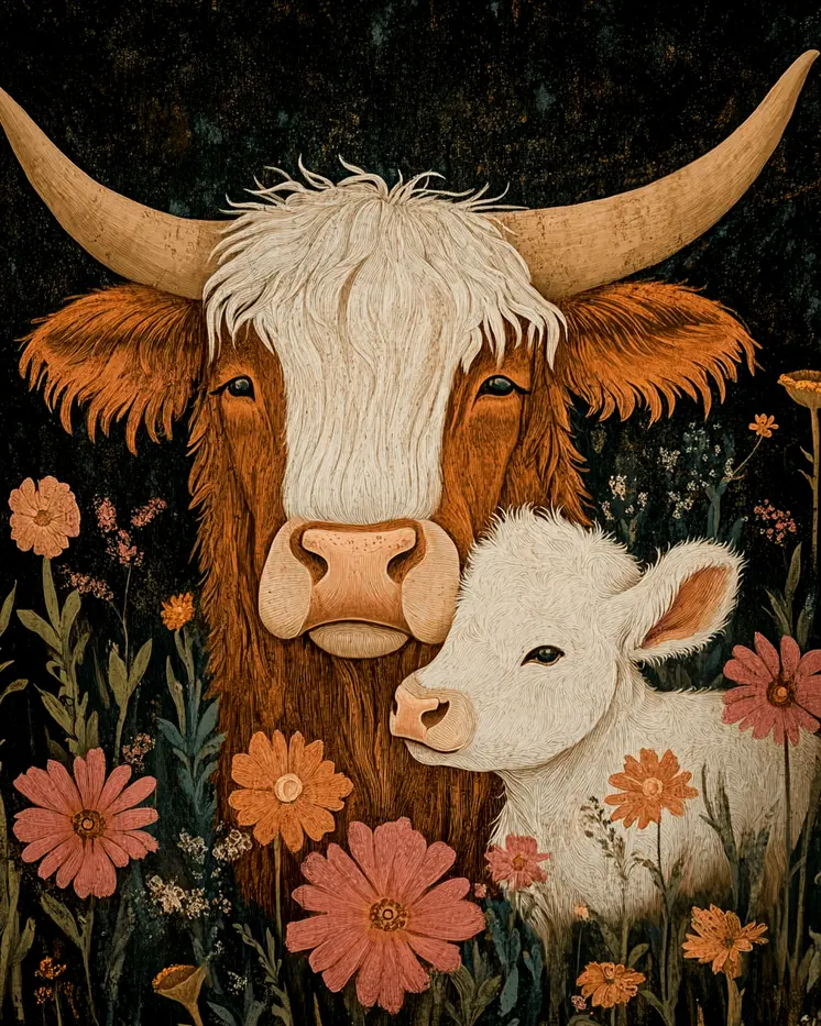 Mother and Baby Highland Cow - Animal Mothers & Babies Wall Art Prints – 8″x10″ Artwork for 11″x14″ Frame