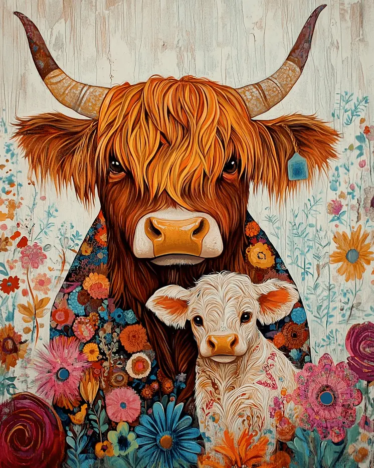 Impressionist Highland Cow Baby and Mother - Animal Mothers & Babies Wall Art Prints – 8″x10″ Artwork for 11″x14″ Frame