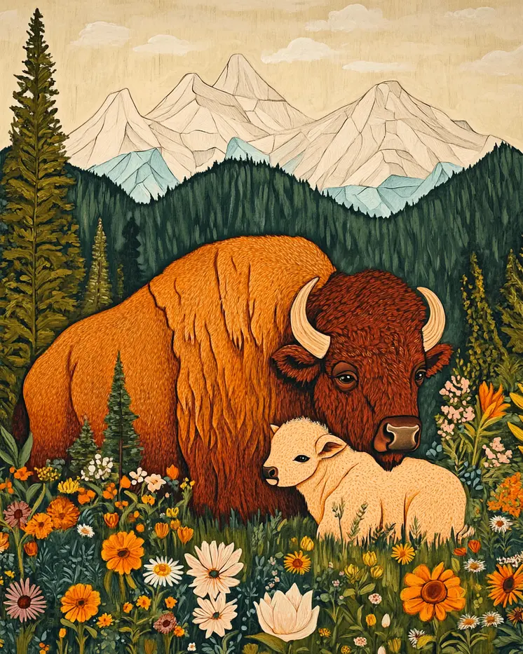 Bison and Baby - Animal Mothers & Babies Wall Art Prints – 8″x10″ Artwork for 11″x14″ Frame