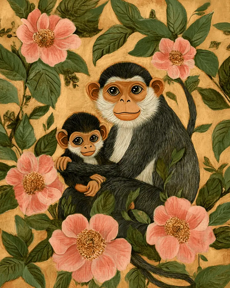 Monkey Baby with Mother - Animal Mothers & Babies Wall Art Prints – 8″x10″ Artwork for 11″x14″ Frame