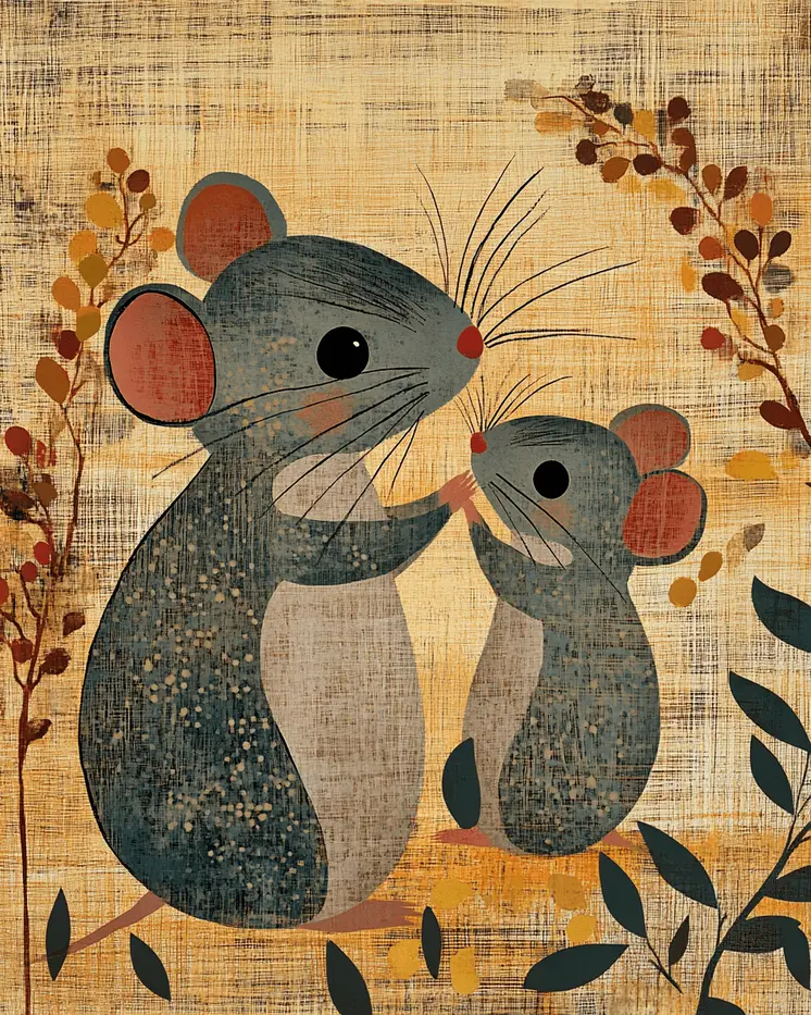 Antique Style Mouse Baby with Mom - Animal Mothers & Babies Wall Art Prints – 8″x10″ Artwork for 11″x14″ Frame