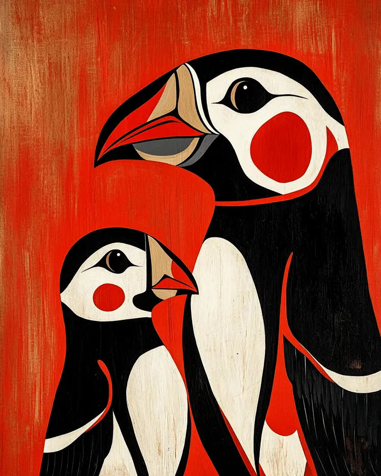 Folk Art Puffin Baby and Mother - Animal Mothers & Babies Wall Art Prints – 8″x10″ Artwork for 11″x14″ Frame