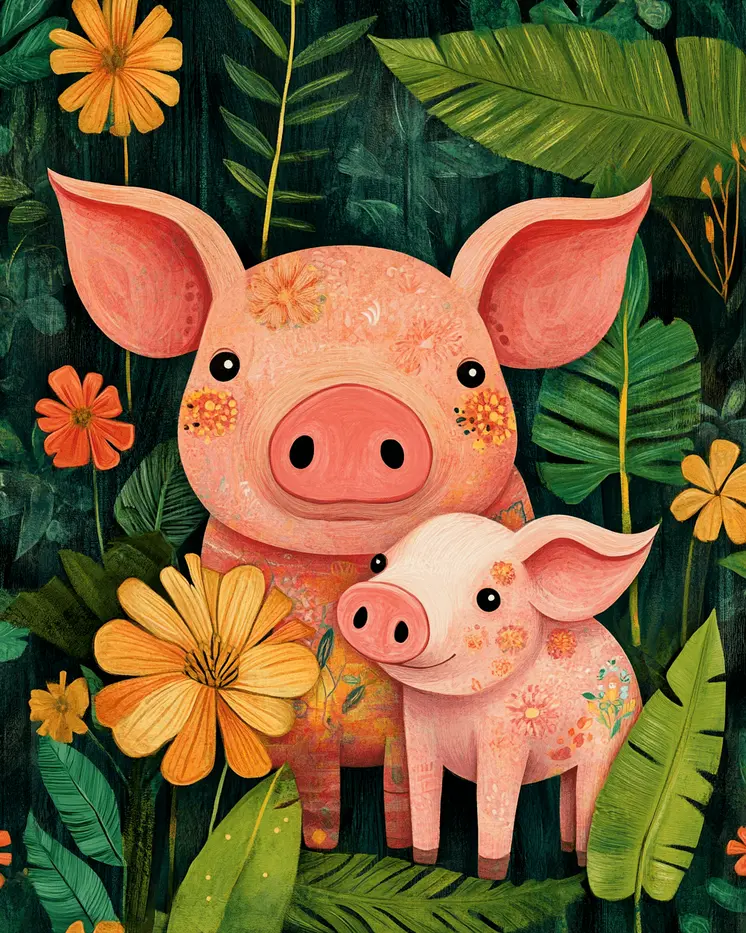 Happy Piglet with Mom - Animal Mothers & Babies Wall Art Prints – 8″x10″ Artwork for 11″x14″ Frame