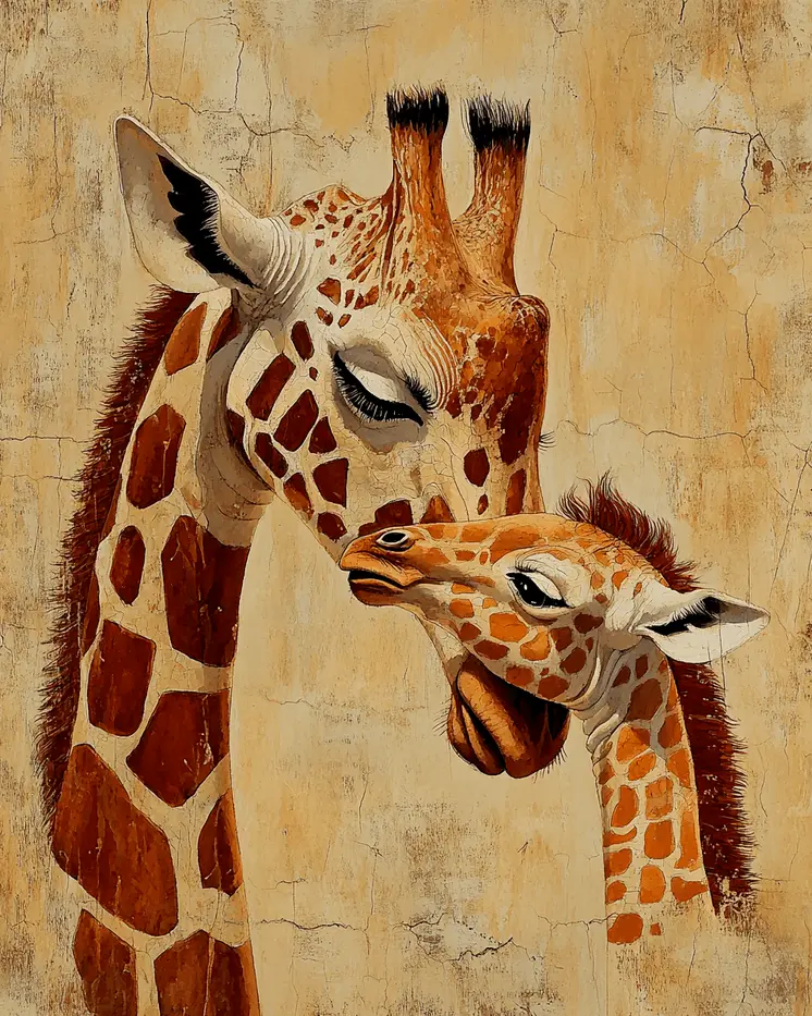 Giraffe Baby with Mom - Animal Mothers & Babies Wall Art Prints – 8″x10″ Artwork for 11″x14″ Frame