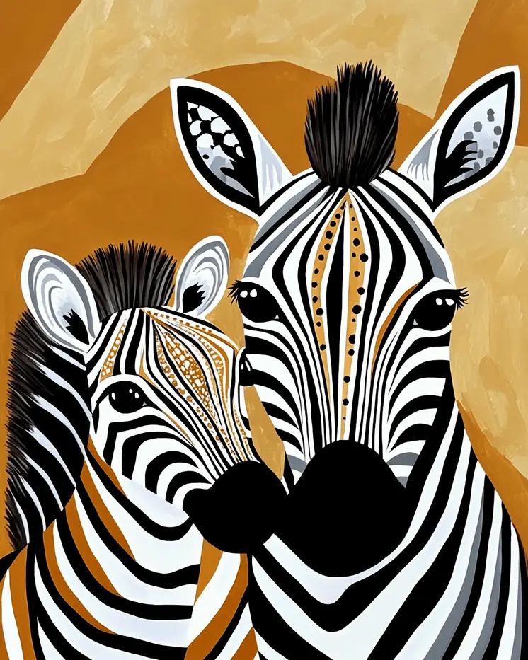 Stylized Zebra Baby with Mom - Animal Mothers & Babies Wall Art Prints – 8″x10″ Artwork for 11″x14″ Frame