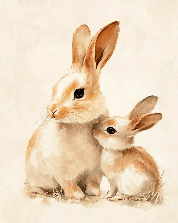 Bunny Mom and Baby - Animal Mothers & Babies Wall Art Prints – 8″x10″ Artwork for 11″x14″ Frame