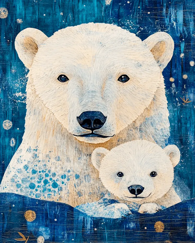Nightime Polar Bear Cub with Mom - Animal Mothers & Babies Wall Art Prints – 8″x10″ Artwork for 11″x14″ Frame