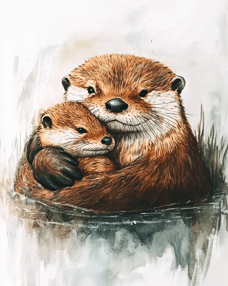 Otter Mom Holding Her Kit - Animal Mothers & Babies Wall Art Prints – 8″x10″ Artwork for 11″x14″ Frame