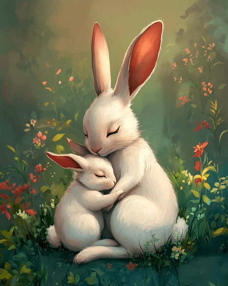 Bunny Mother Holding Baby - Animal Mothers & Babies Wall Art Prints – 8″x10″ Artwork for 11″x14″ Frame