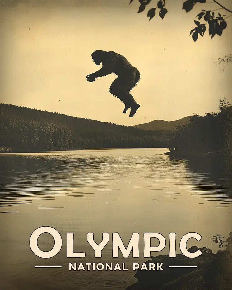 Bigfoot Jumping in Lake - Olympic Souvenir Art Prints - 8"x10" Artwork for 11"x14" Frame