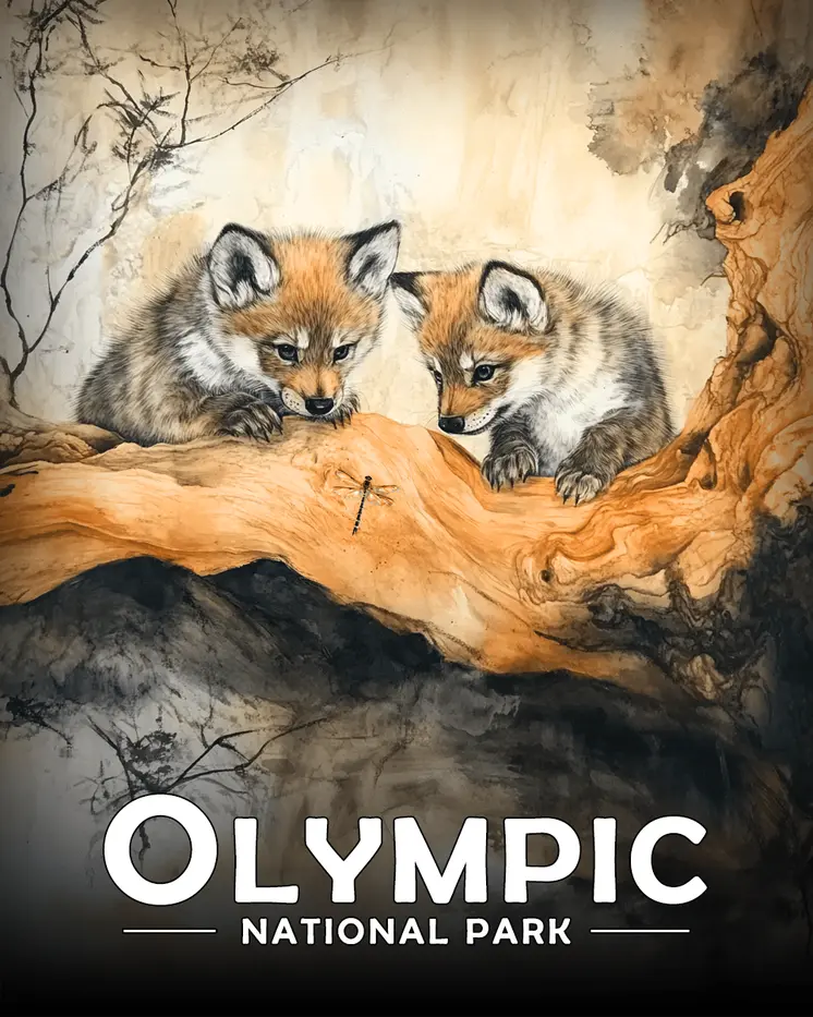 Wolf Cubs Eye Dragonfly - Olympic Souvenir Art Prints - 8"x10" Artwork for 11"x14" Frame