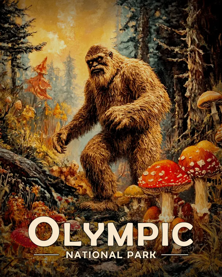Bigfoot Mushroom Trip - Olympic Souvenir Art Prints - 8"x10" Artwork for 11"x14" Frame