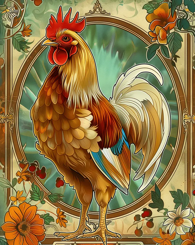 Art Nouveau Proud Chicken - Animal Kingdom Wall Art Prints in Art Nouveau Style – 8″x10″ Artwork for 11″x14″ Frame