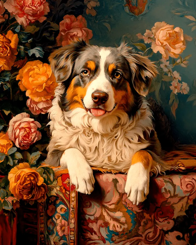 Floral Australian Shepherd - Pet Dog Still Life Wall Art Prints – 8″x10″ Artwork for 11″x14″ Frame