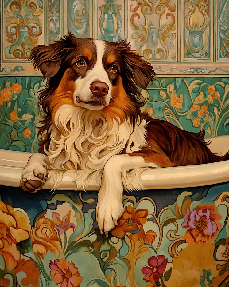 Australian Shepherd in Bathtub - Pet Dog Still Life Wall Art Prints – 8″x10″ Artwork for 11″x14″ Frame