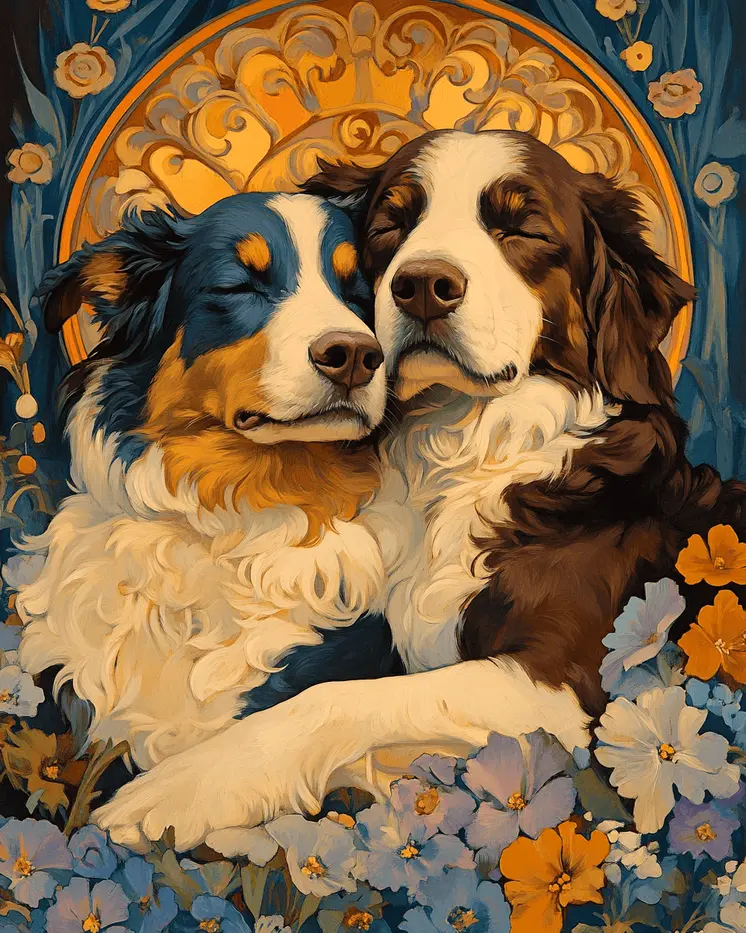 Nouveau Australian Shepherds in Love - Pet Dog Still Life Wall Art Prints – 8″x10″ Artwork for 11″x14″ Frame
