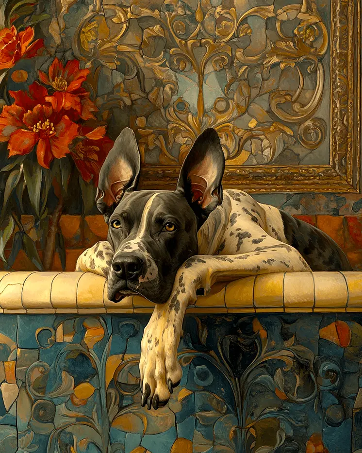 Harlequin Great Dane in Bathtub - Pet Dog Still Life Wall Art Prints – 8″x10″ Artwork for 11″x14″ Frame
