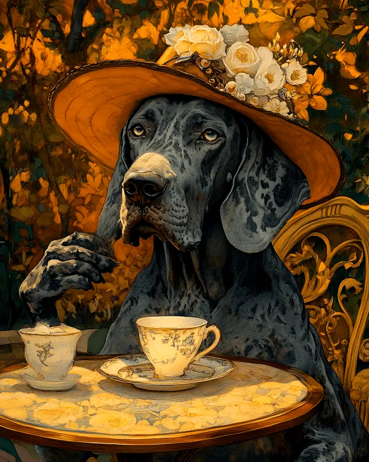Great Dane Having Tea - Pet Dog Still Life Wall Art Prints – 8″x10″ Artwork for 11″x14″ Frame