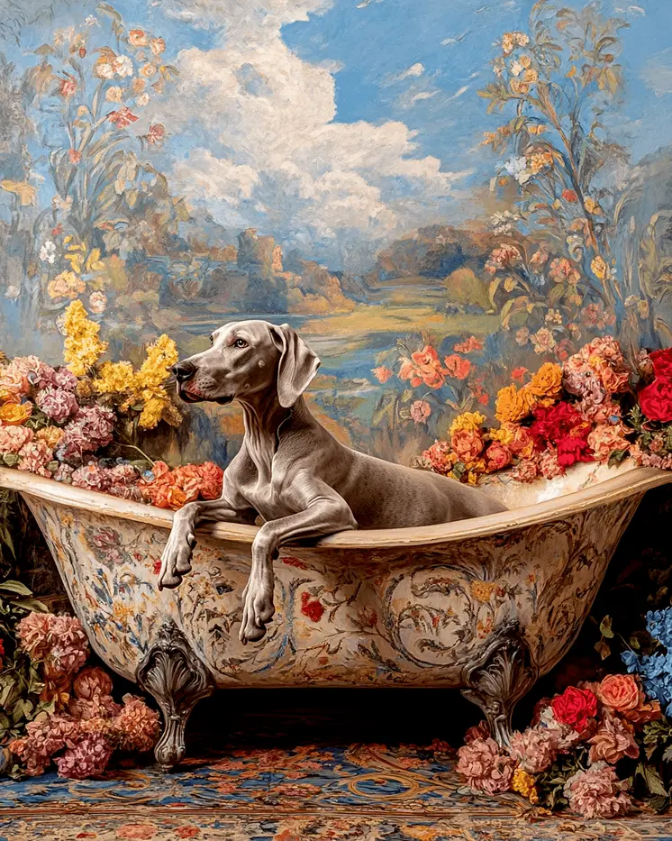 Great Dane in Garden Bathtub - Pet Dog Still Life Wall Art Prints – 8″x10″ Artwork for 11″x14″ Frame