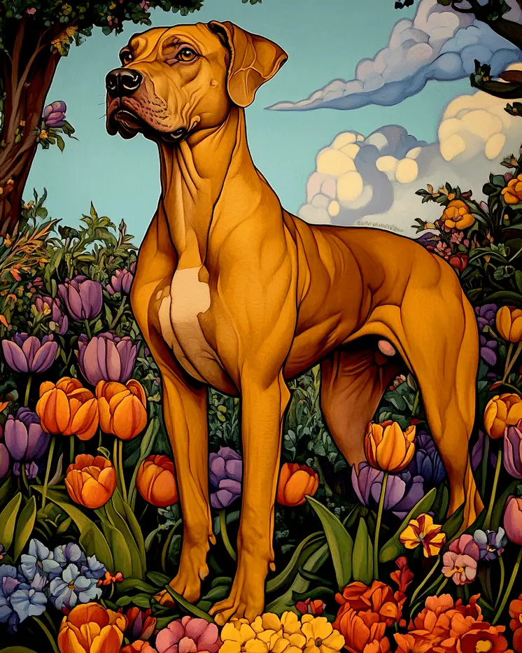 Great Dane in Tulip Garden - Pet Dog Still Life Wall Art Prints – 8″x10″ Artwork for 11″x14″ Frame