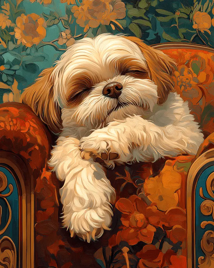 Exhausted Shih Tzu - Pet Dog Still Life Wall Art Prints – 8″x10″ Artwork for 11″x14″ Frame