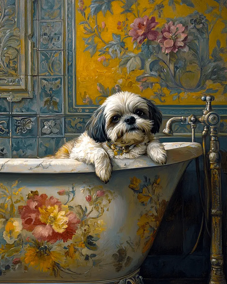 Shih Tzus Taking a Bath - Pet Dog Still Life Wall Art Prints – 8″x10″ Artwork for 11″x14″ Frame