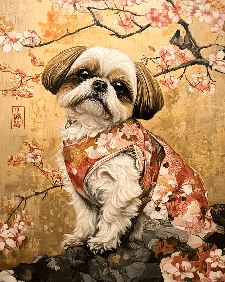 Cherry Blossom Shih Tzu - Pet Dog Still Life Wall Art Prints – 8″x10″ Artwork for 11″x14″ Frame