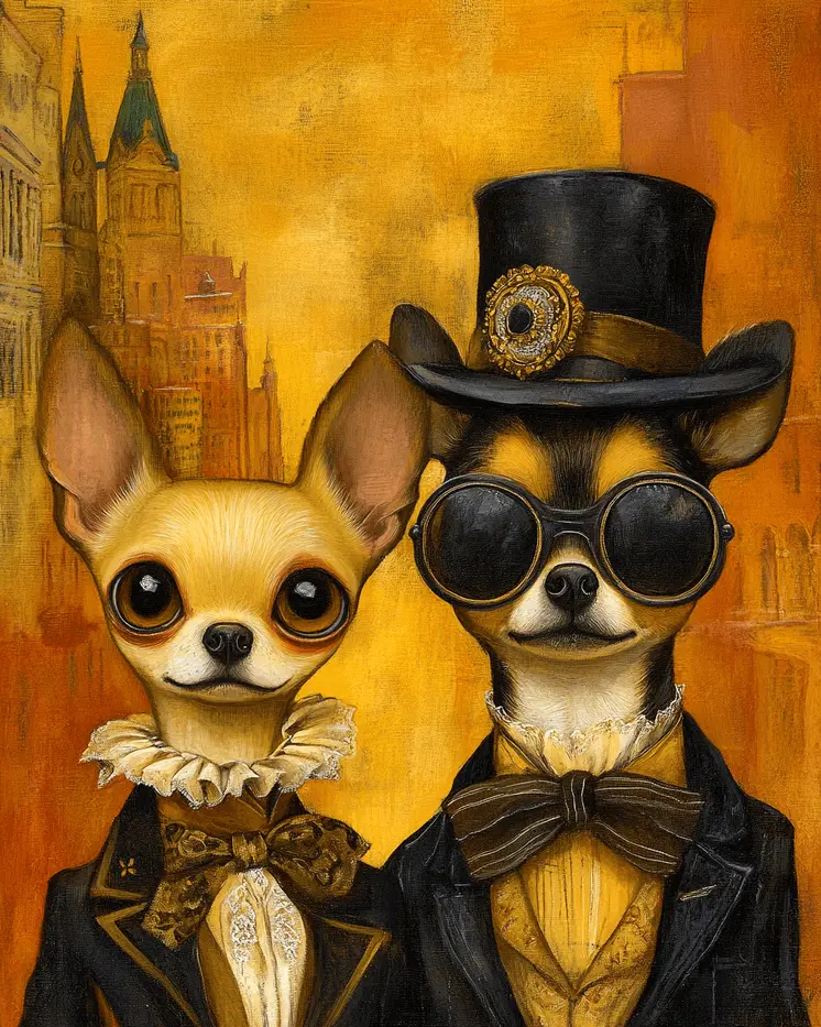 Chihuahuas on the Town - Pet Dog Still Life Wall Art Prints – 8″x10″ Artwork for 11″x14″ Frame