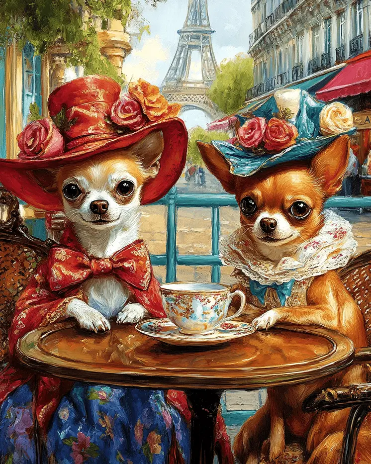 Chihuahuas at a Paris Cafe - Pet Dog Still Life Wall Art Prints – 8″x10″ Artwork for 11″x14″ Frame